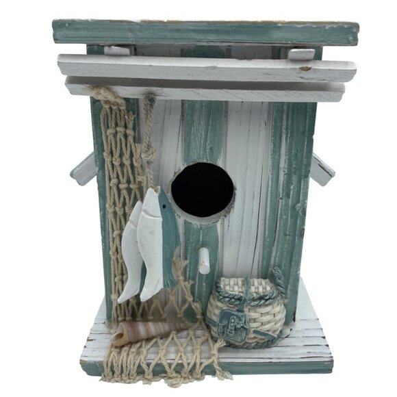 Wooden Coastal-Themed Birdhouse With Nautical Rope Seashell & Fish Decor Rustic - Picture 2 of 10